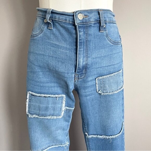 70s Style Patchwork Super High-Rise Flare Hippie Jeans - 28-29"/M - Picture 3 of 13